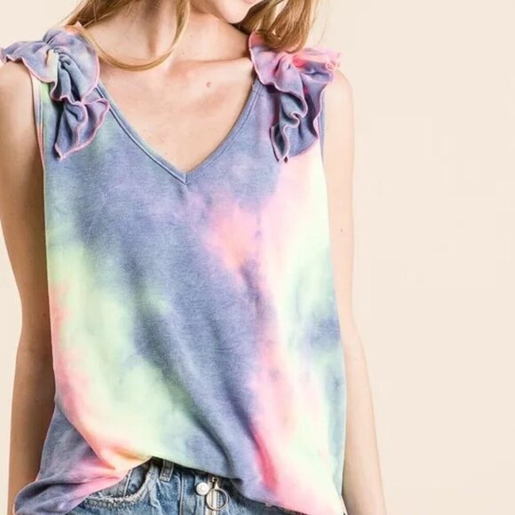BiBi Tie Dye French Terry V Neck Top with Ruffle - Picture 4 of 10